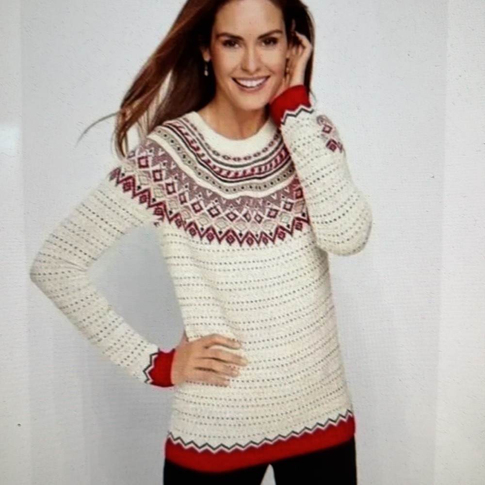 Talbots Petites Nordic Fair Isle Lambs Wool Blend Hearts Sweater Size LP